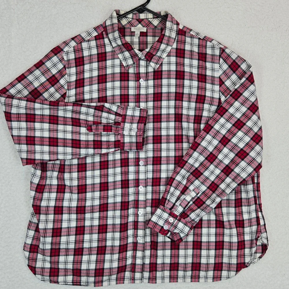 Talbots Plaid Button Down Shirt Women 2X Red Black Tartan Long Sleeve Preppy Top